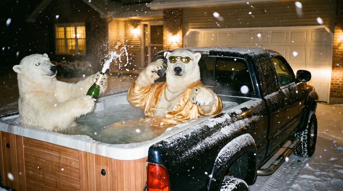 Two polar bears in a hot tub in a pickup truck bed during a snowstorm, one on a phone