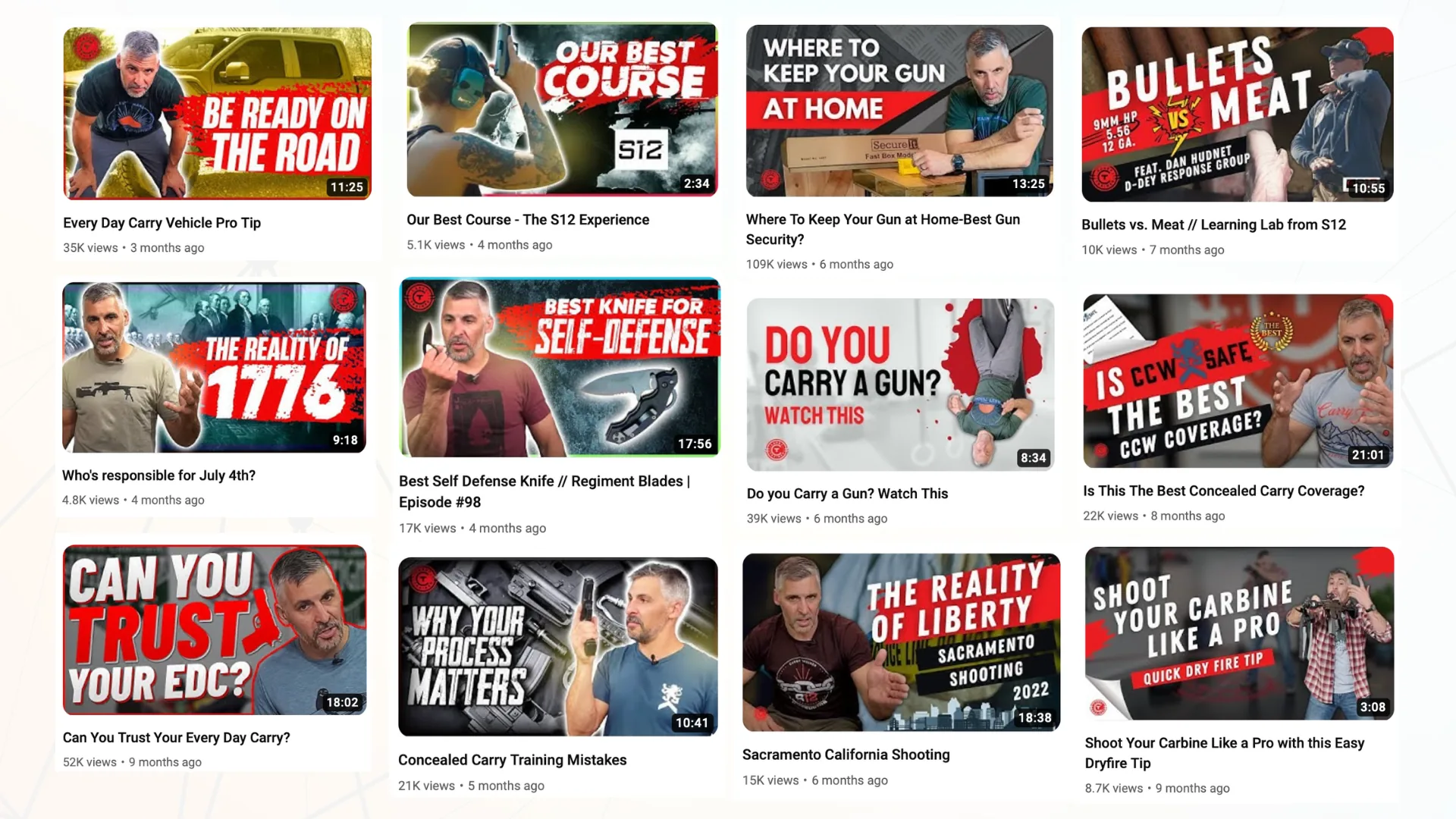 A grid of YouTube thumbnails designed for Carry Trainer, with view counts up to 109K